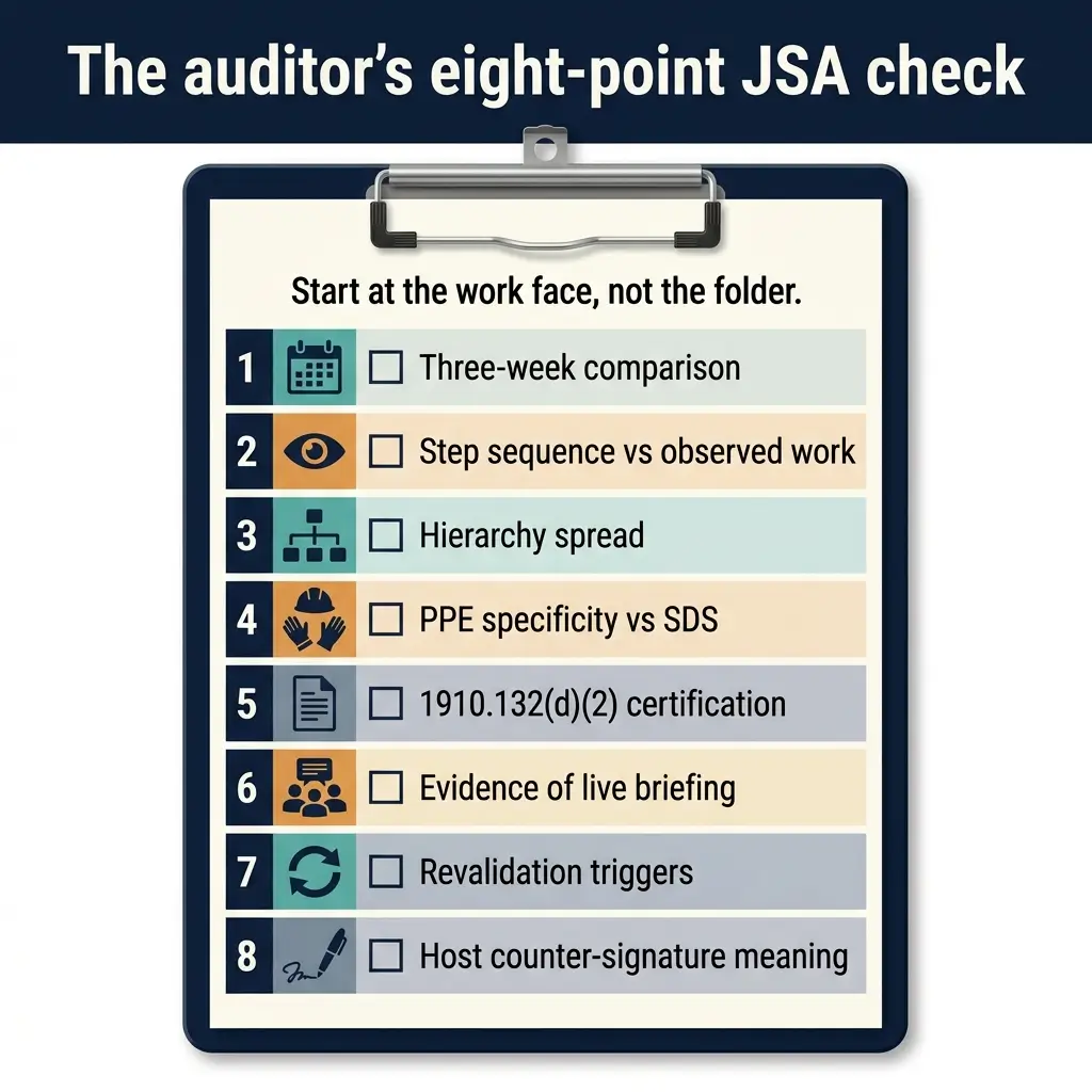 Clipboard showing eight-point JSA safety audit checklist with items including work face comparison, step sequence verification, hierarchy spread, PPE specificity, certification, briefing evidence, revalidation triggers, and counter-signature meaning.