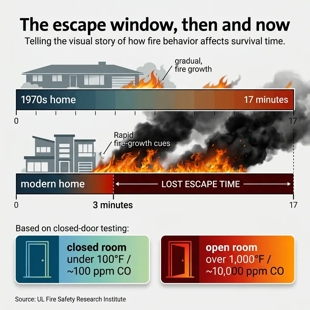 Comparison chart showing how 1970s homes allowed 17 minutes escape time during fires while modern homes with rapid fire growth reduce escape time to 3 minutes, illustrating fire safety differences between building eras.