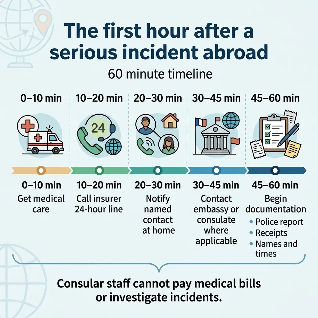 Timeline showing five critical steps to take in the first 60 minutes after a serious incident abroad, from getting medical care to contacting your embassy and documenting details.