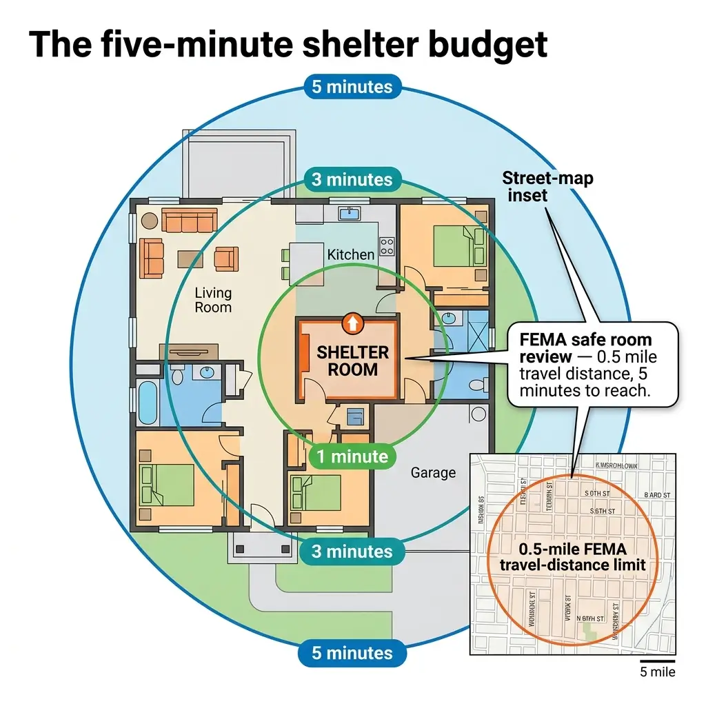 Floor plan showing a shelter room at center with travel time zones marked at 1, 3, and 5 minutes, surrounded by house layout and a street map inset displaying the 0.5-mile FEMA safe room travel distance limit.