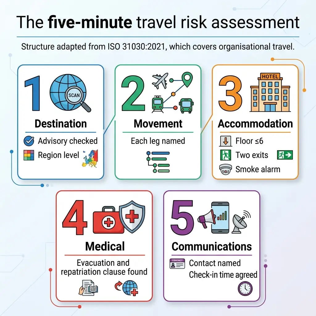 Infographic showing five components of travel risk assessment: destination advisory checks, movement leg planning, accommodation safety features, medical evacuation coverage, and emergency communications protocols.