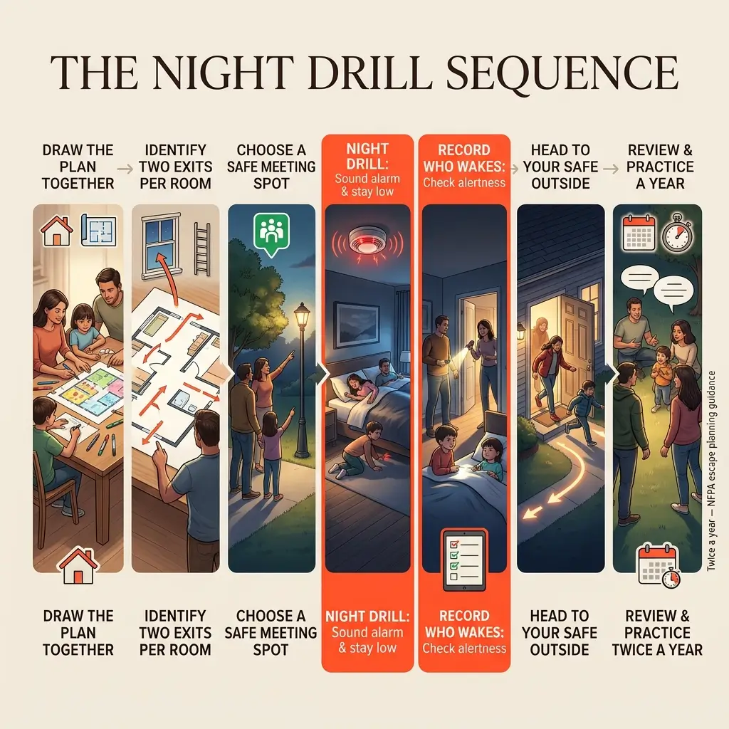 Infographic showing the six-step night drill sequence for home fire safety, featuring illustrated families planning evacuation routes, identifying exits, selecting meeting spots, conducting sound alarm drills, recording who wakes, and practicing outside.