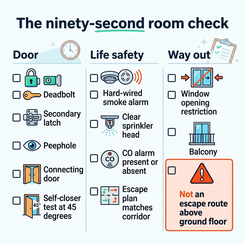 Checklist for ninety-second hotel room safety inspection covering door locks, life safety features including smoke and CO alarms, and emergency exit routes with windows and balconies.