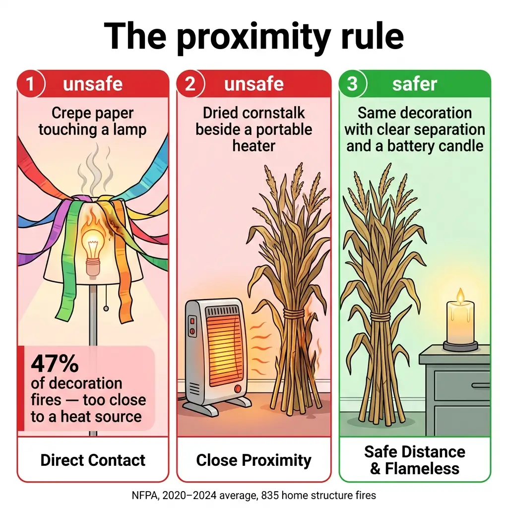 Infographic showing the proximity rule for fire safety with three scenarios: unsafe crepe paper near a lamp, unsafe dried cornstalk by a heater, and safer same decoration with clear separation and battery candle.