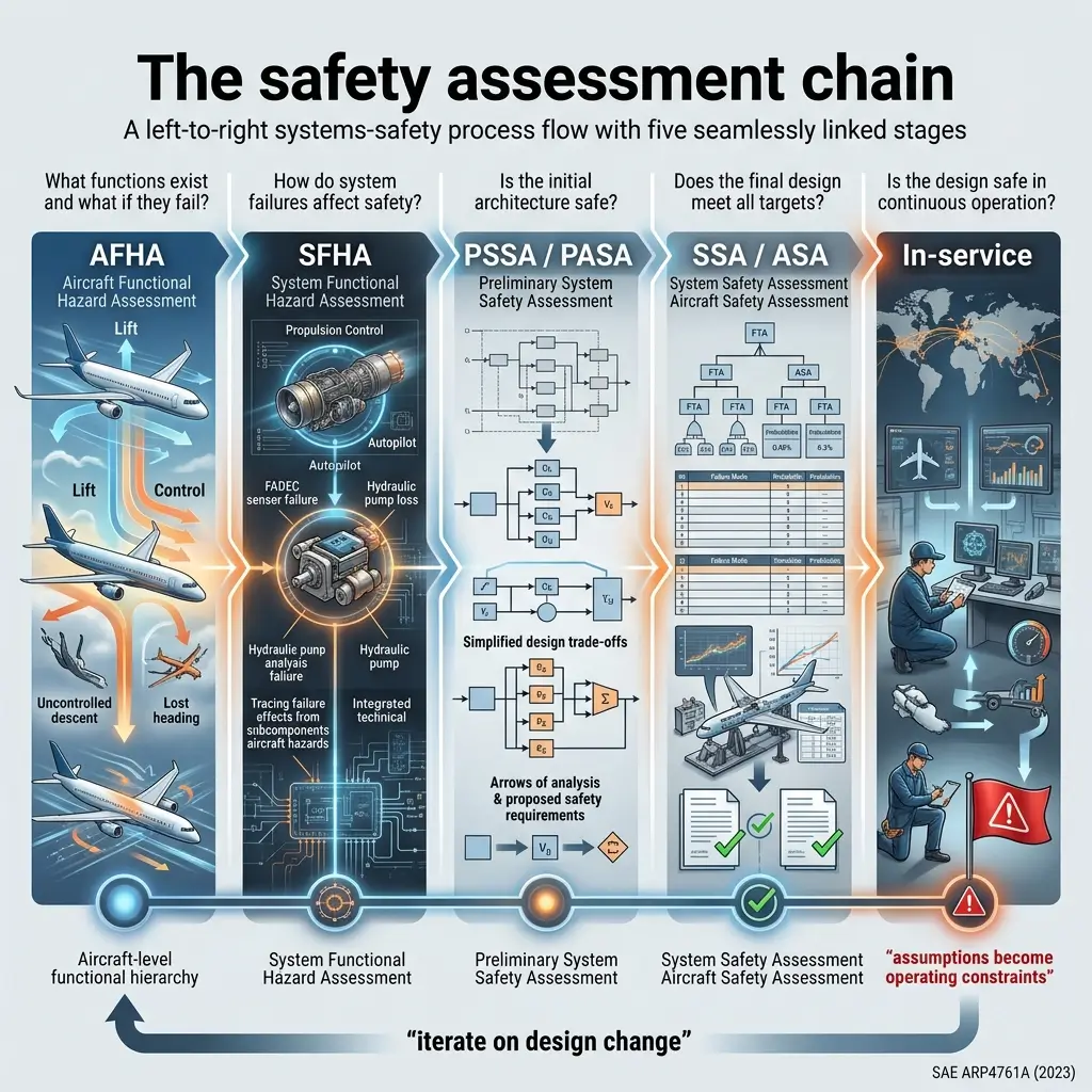 Infographic showing the five-stage safety assessment chain for aircraft design, from functional hazard assessment through in-service operations, with system diagrams and failure analysis examples at each step.