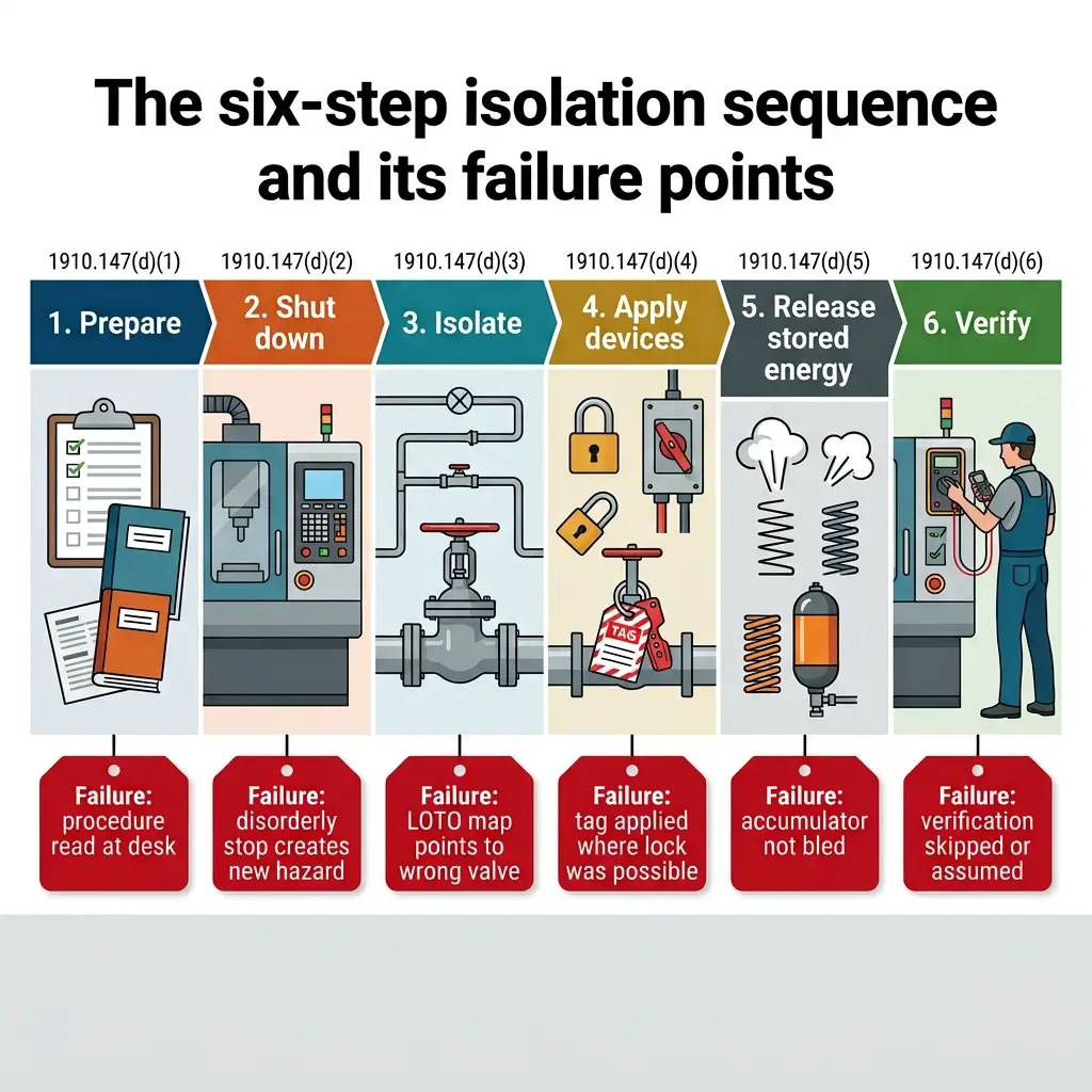 Infographic showing six steps of industrial equipment isolation procedure with illustrations of each stage, corresponding regulations, and potential failure points for each step in the lockout-tagout safety process.