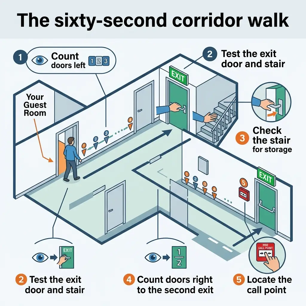 Isometric diagram illustrating a five-step corridor evacuation procedure, showing a guest room, hallway with numbered doors, exit doors, stairwell, and emergency call point location.