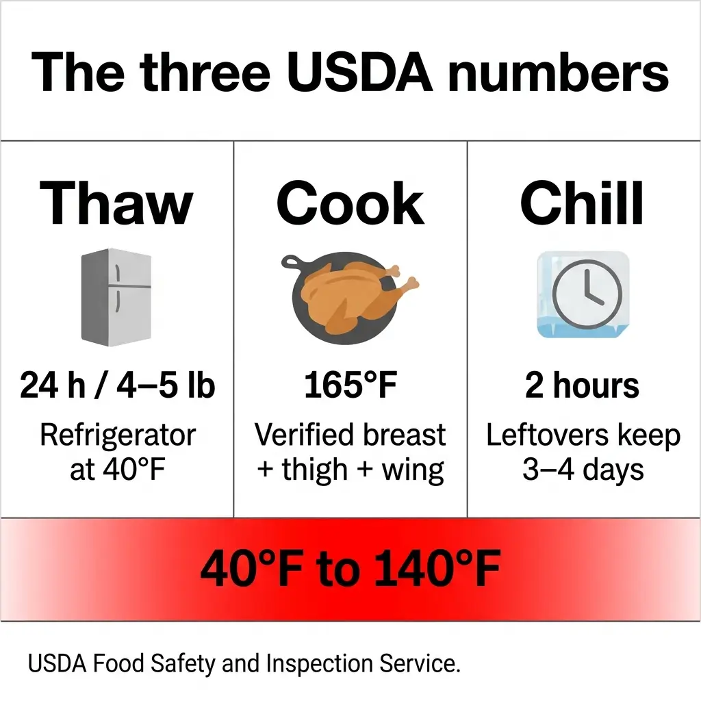 Infographic showing the three USDA food safety steps for poultry: thaw in refrigerator for 24 hours per 4-5 pounds, cook to 165°F, and chill leftovers within 2 hours for 3-4 days storage.