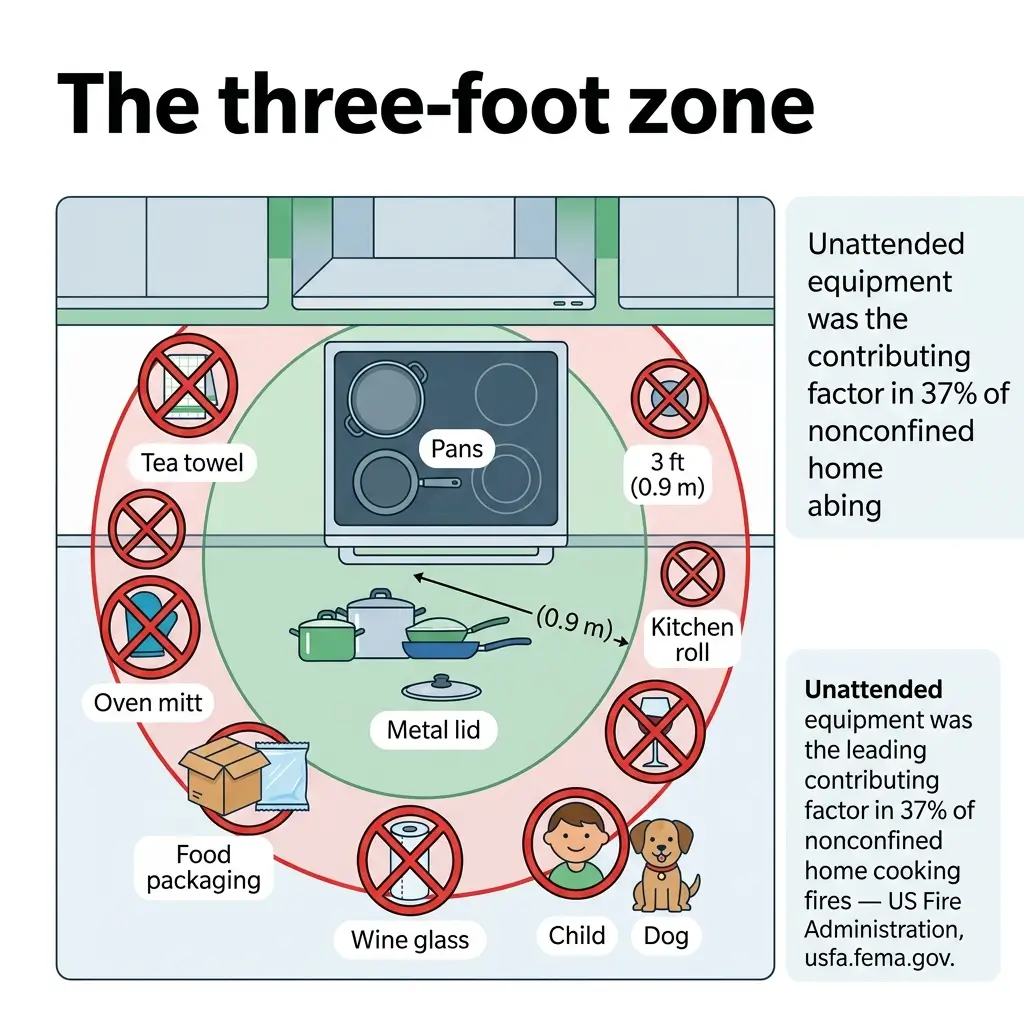 Infographic showing the three-foot safety zone around a stovetop, illustrating hazards like unattended cookware, tea towels, oven mitts, and items that should be kept away to prevent home cooking fires.
