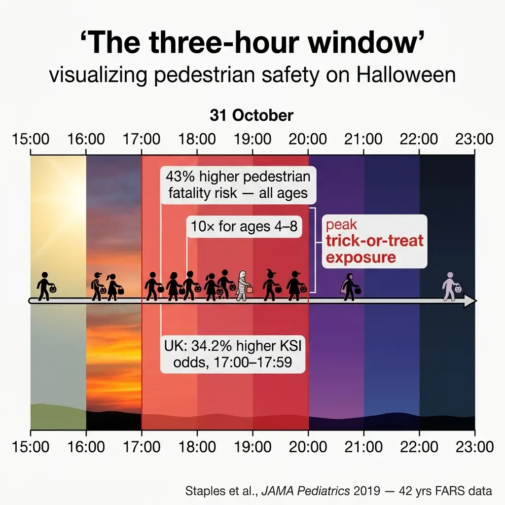 Timeline showing pedestrian safety risks on Halloween from 3-11 PM, illustrating peak danger during trick-or-treat hours with 43% higher fatality risk and 10x increased risk for children ages 4-8.