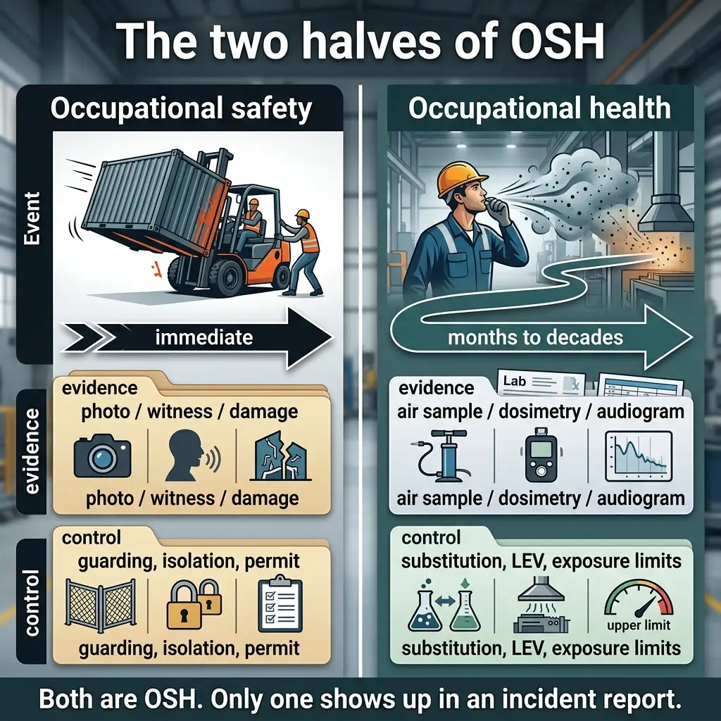 Infographic comparing occupational safety and occupational health, showing how safety involves immediate events with visual evidence and physical controls, while health involves long-term exposure effects requiring scientific measurement and preventive measures.