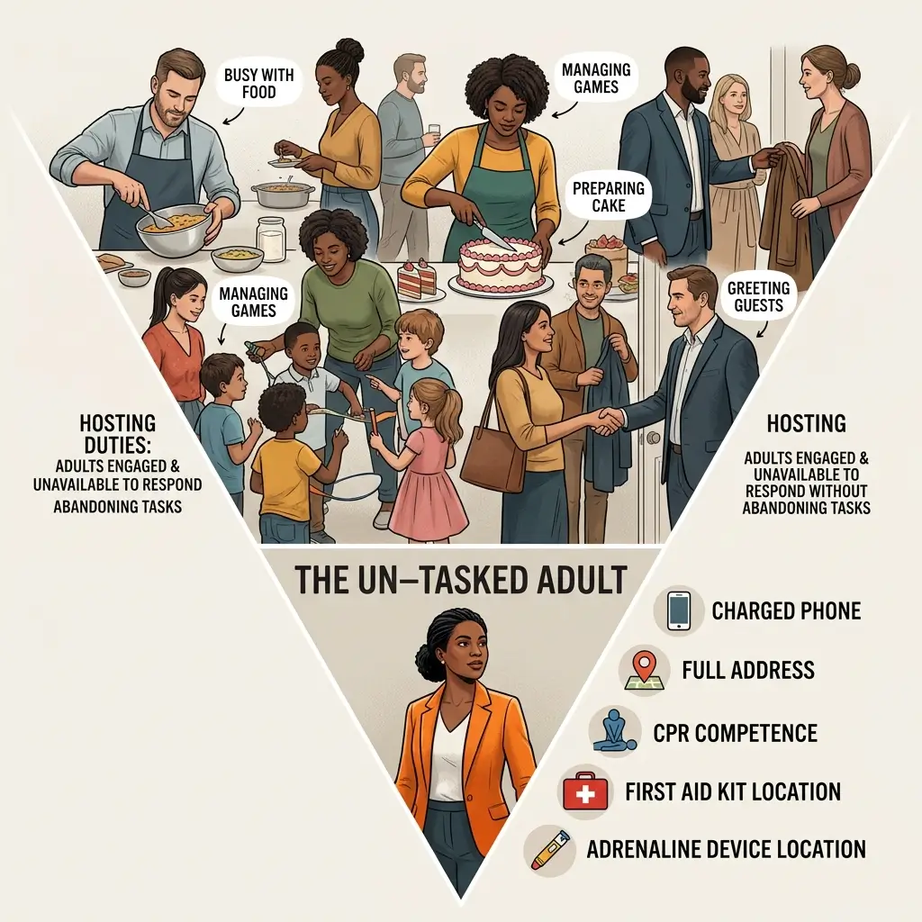 Infographic showing hosting duties divided between adults managing tasks like cooking and games versus an un-tasked adult who remains available, with essential information icons for emergencies.
