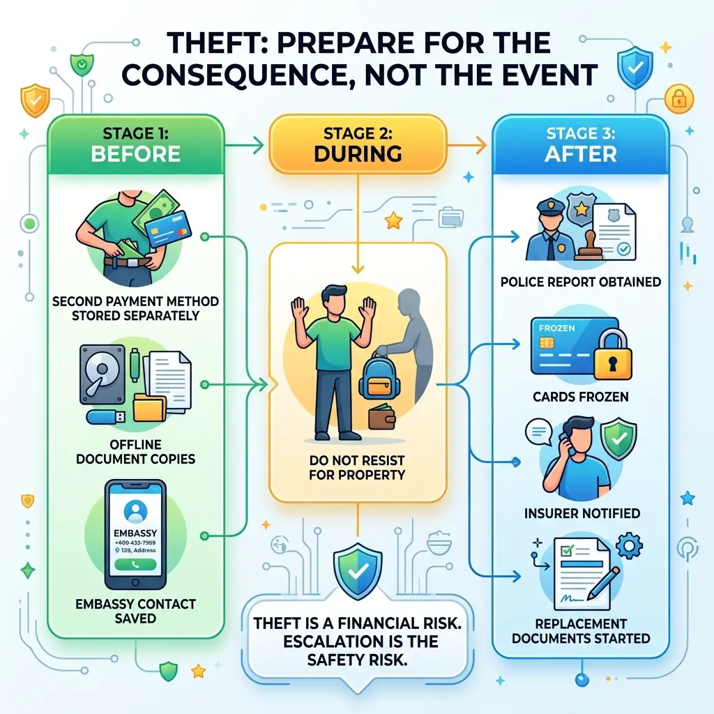 Infographic showing three stages of theft prevention: before (storing backup payment methods and documents), during (not resisting property theft), and after (police report, card freezing, insurer notification, and document replacement).