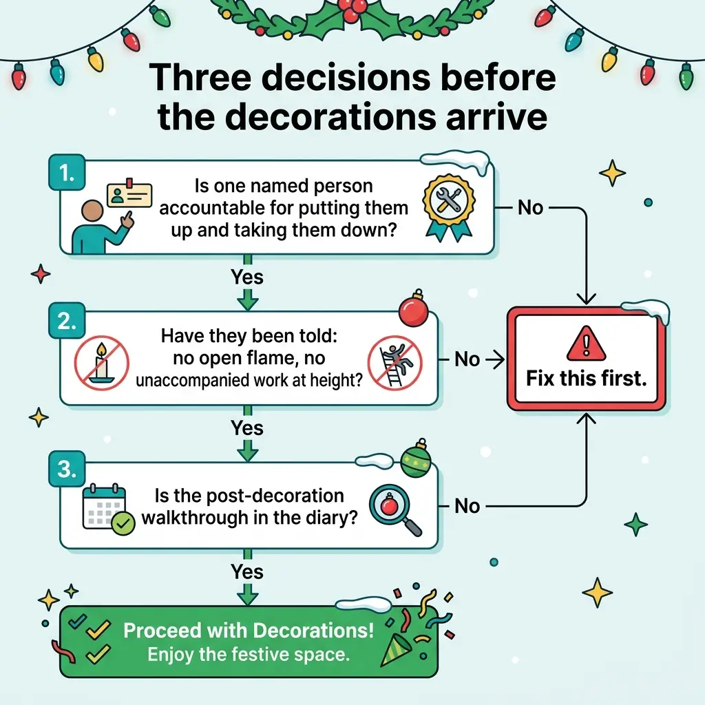 Flowchart showing three sequential decisions to make before hanging Christmas decorations: designating an accountable person, confirming safety protocols about open flames and height work, and scheduling a post-decoration walkthrough inspection.