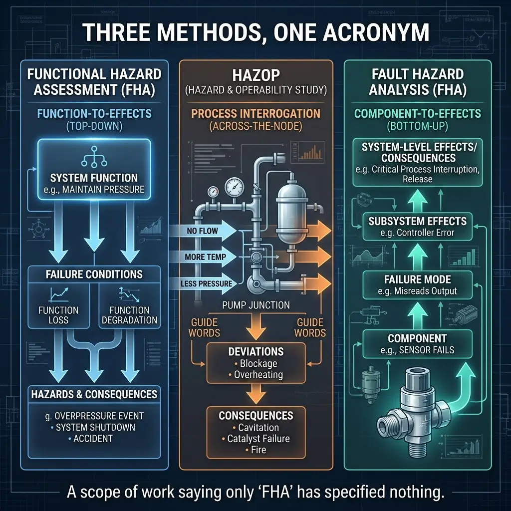 Infographic comparing three hazard analysis methods: Functional Hazard Assessment using top-down function-to-effects analysis, HAZOP using across-the-node process interrogation, and Fault Hazard Analysis using bottom-up component-to-effects analysis, with examples and workflow diagrams.