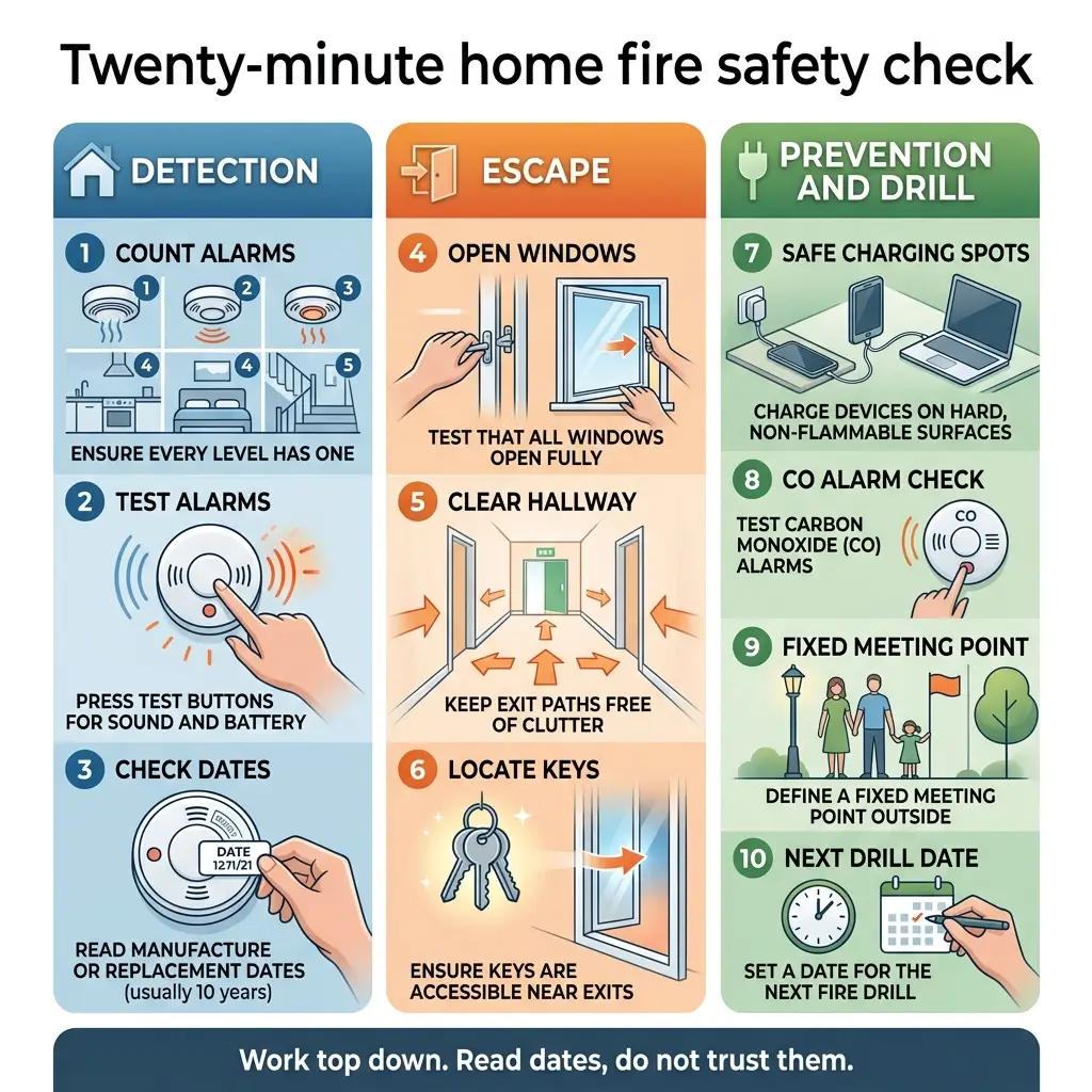 Infographic showing a 20-minute home fire safety checklist divided into three sections: detection steps for alarms, escape routes and planning, and prevention measures including CO alarm testing and establishing a family meeting point.