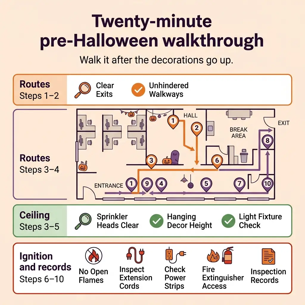 Floor plan showing a twenty-minute pre-Halloween walkthrough route with numbered stops, highlighting safety checks for exits, ceilings, fire safety, and electrical systems before decorations are installed.