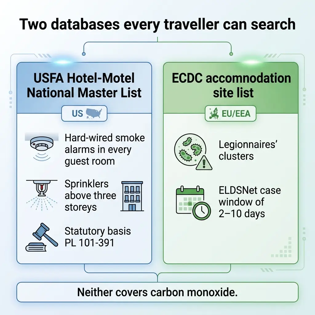 Infographic comparing two hotel safety databases: USFA's US hotel-motel list requiring smoke alarms and sprinklers, and ECDC's EU accommodation site tracking Legionnaires' disease clusters, noting neither covers carbon monoxide.