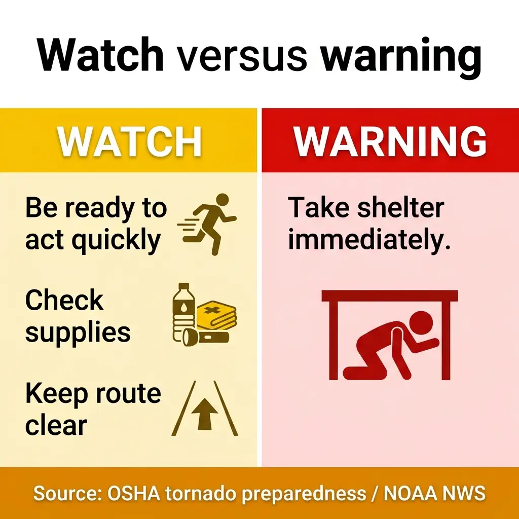 Comparison chart showing the difference between a tornado watch and warning, with yellow section listing preparedness steps and red section indicating immediate shelter requirements from OSHA and NOAA.