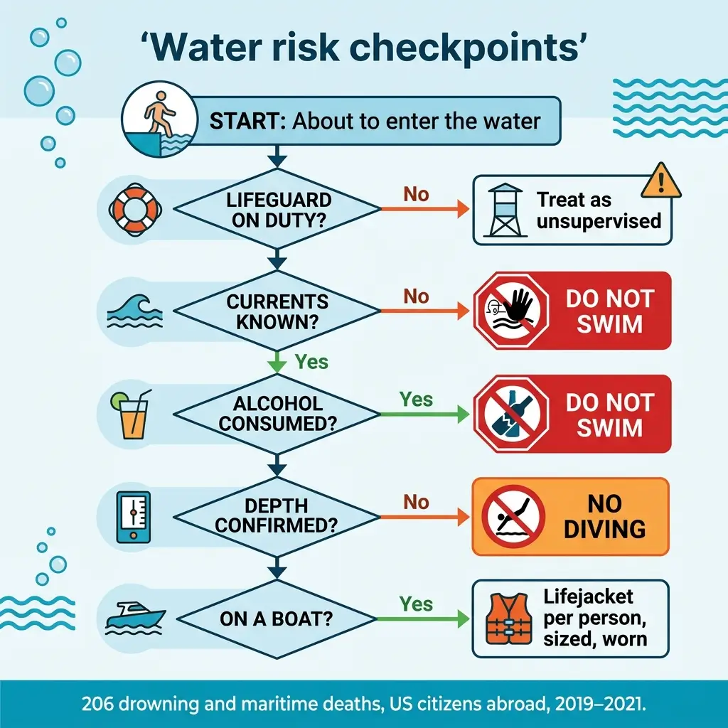 Flowchart showing water safety checkpoints before swimming, including lifeguard presence, currents, alcohol consumption, water depth, and boat use, with warnings for unsupervised areas, strong currents, alcohol, shallow water, and diving hazards.