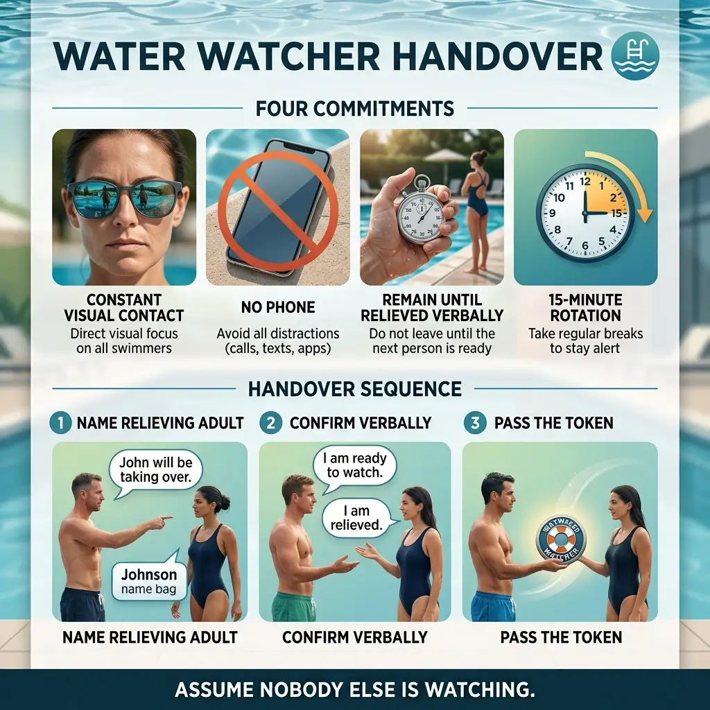 Infographic showing water safety guidelines for lifeguards, displaying four key commitments including constant visual contact and no phone use, plus a three-step handover sequence for changing watch duty.