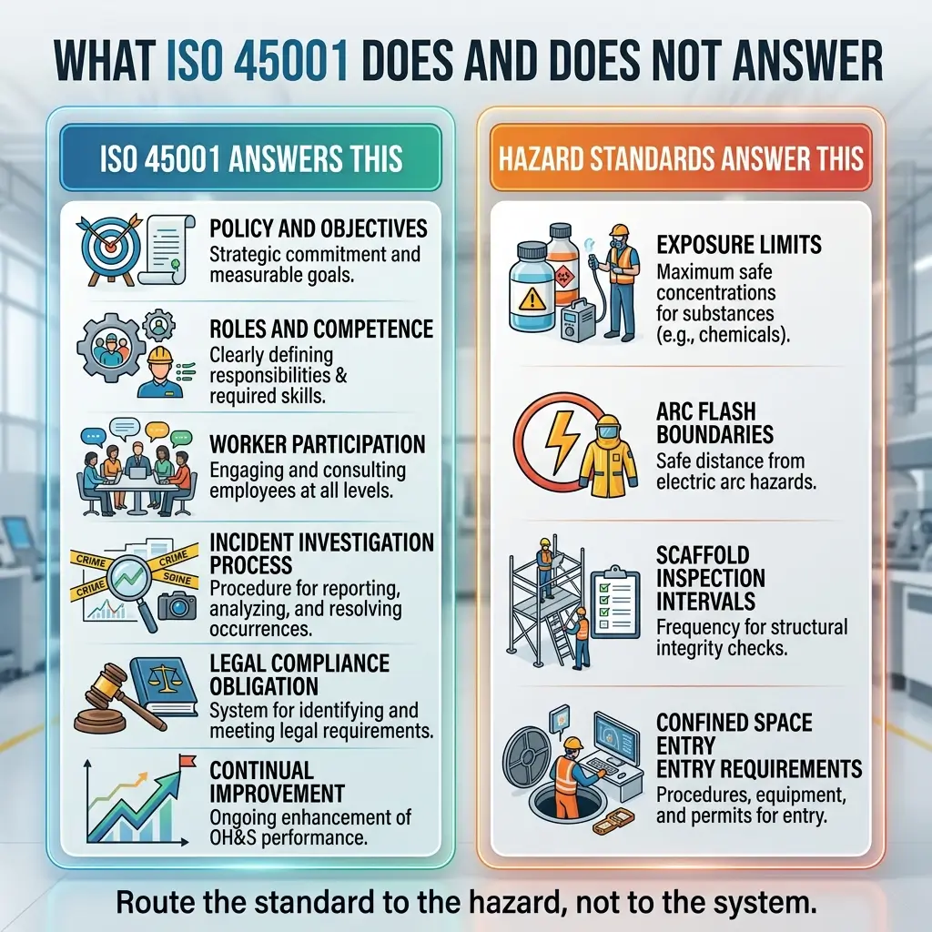 Infographic comparing ISO 45001 occupational health and safety management system components with hazard standards, showing what the standard addresses versus what regulatory exposure limits cover.