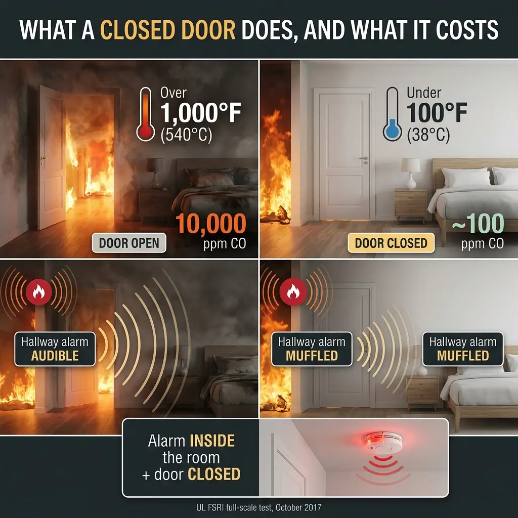 Infographic comparing fire safety with open versus closed doors, showing temperature differences, carbon monoxide levels, alarm audibility, and the life-saving importance of closed doors during fires.