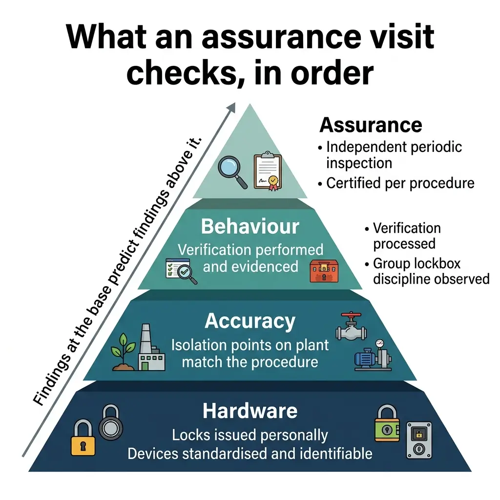 Pyramid diagram showing four levels of quality assurance checks: Hardware foundation with locks and devices, Accuracy layer with isolation points, Behaviour layer with verification, and Assurance top level with independent inspections and certifications.