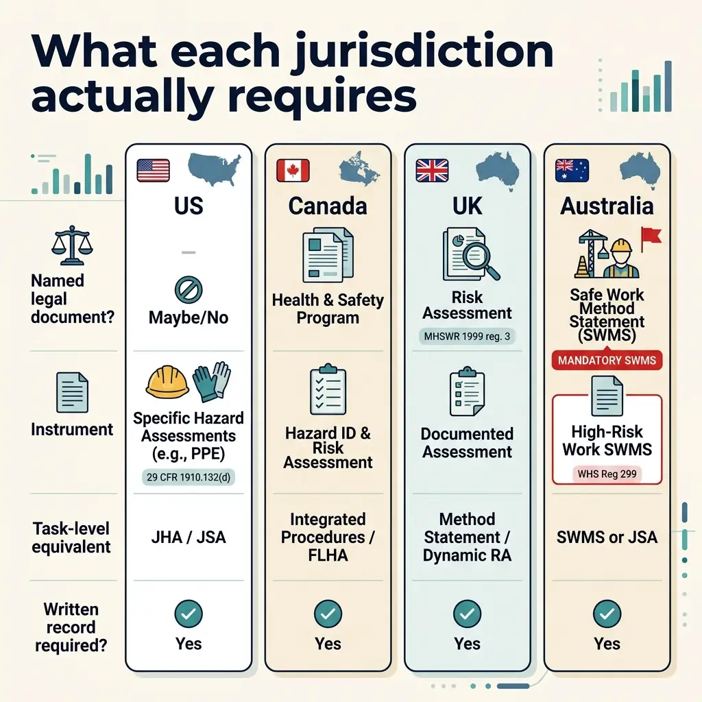 Comparison chart showing workplace health and safety requirements across four jurisdictions: US, Canada, UK, and Australia, including their specific legal documents, assessment methods, and mandatory procedures.
