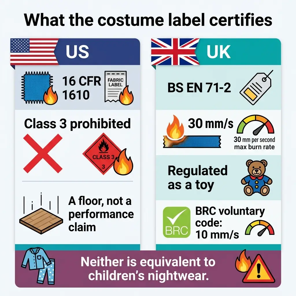 Comparison chart showing US and UK costume safety certifications: US requires 16 CFR 1610 compliance with Class 3 prohibited and floor-based claims; UK requires BS EN 71-2 with 30mm/s burn rate and toy regulations, noting neither equals children's nightwear standards.