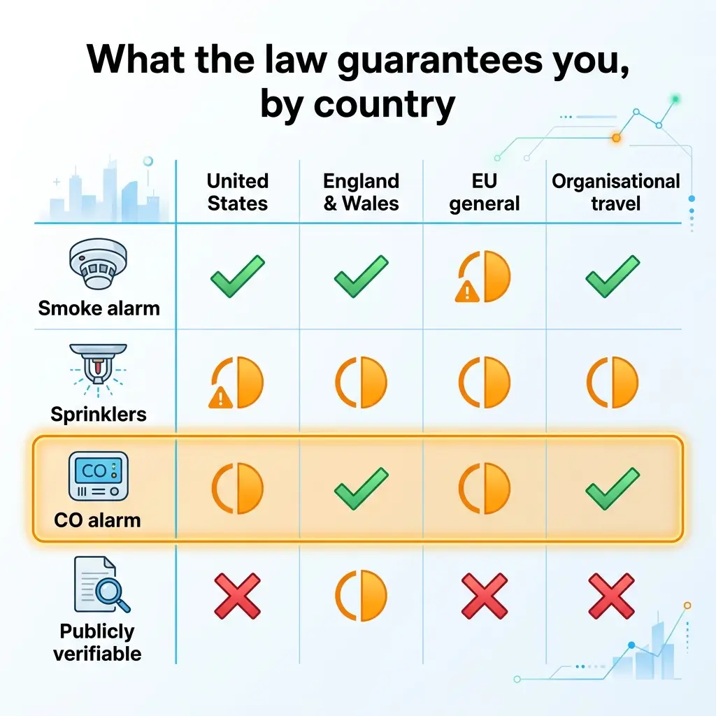 Comparison table showing fire safety and building code requirements across United States, England & Wales, EU, and organisational travel standards for smoke alarms, sprinklers, CO alarms, and publicly verifiable documentation.