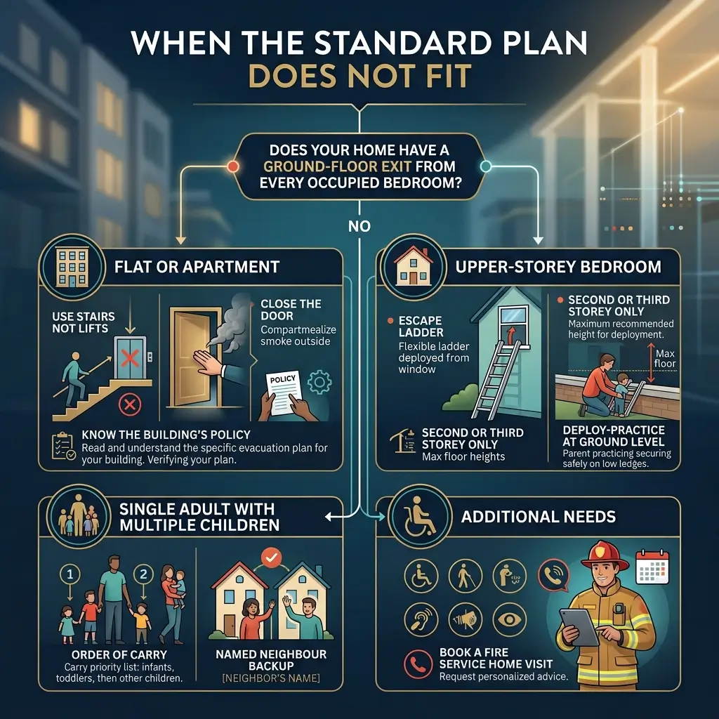 Infographic flowchart detailing emergency evacuation plans when standard fire safety protocols don't apply, including guidance for apartments, upper-storey bedrooms, single parents with children, and individuals with additional accessibility needs.