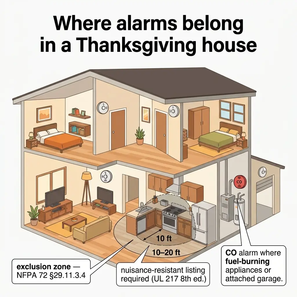Diagram showing proper placement of smoke and carbon monoxide alarms throughout a house, including kitchen, bedrooms, and garage, with zones and distance requirements labeled.
