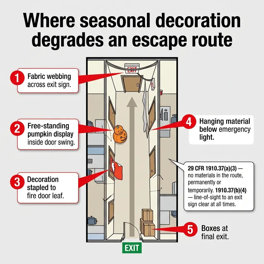 Diagram showing five ways seasonal decorations can obstruct emergency exits in buildings, including fabric webbing on exit signs, pumpkin displays, stapled decorations on fire doors, hanging materials below emergency lights, and boxes blocking final exits.