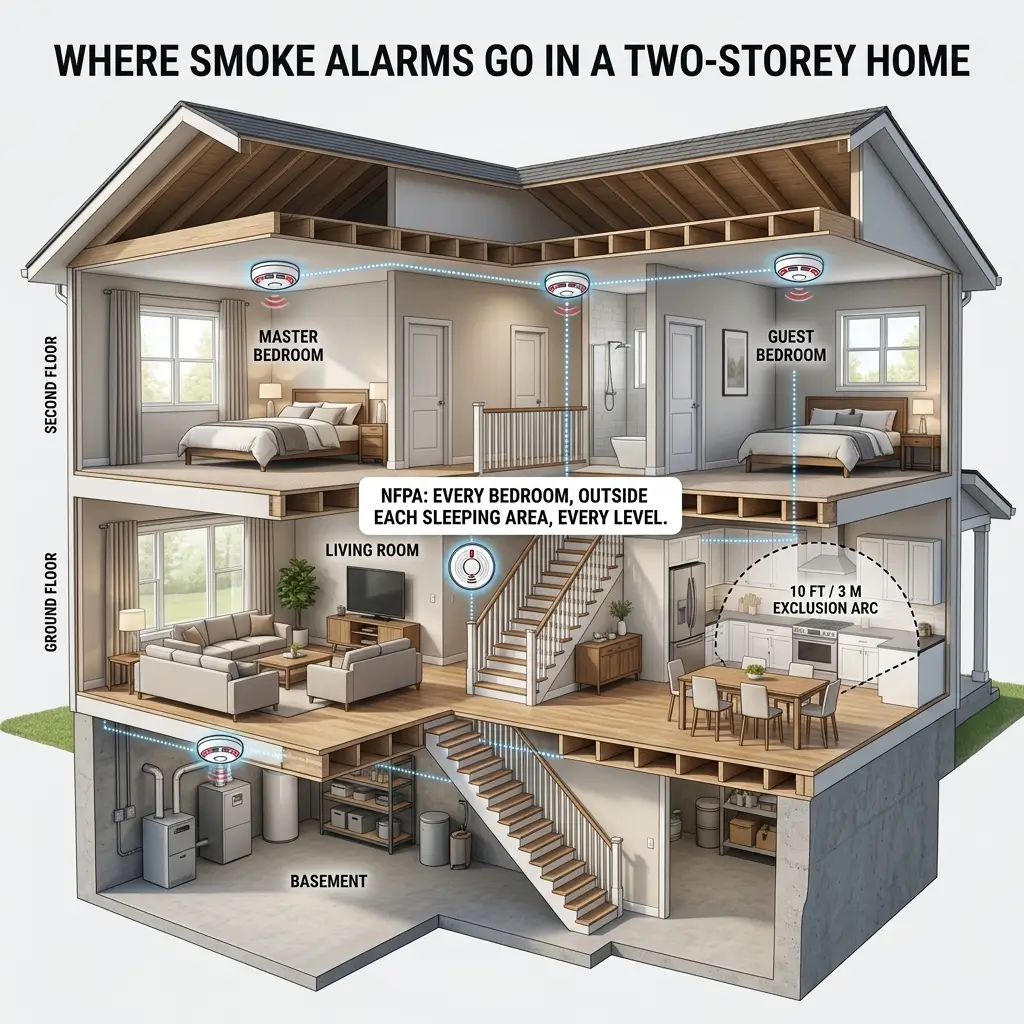 Diagram of a two-story residential home showing recommended smoke alarm placements in bedrooms, living room, basement, and hallways according to NFPA fire safety guidelines.