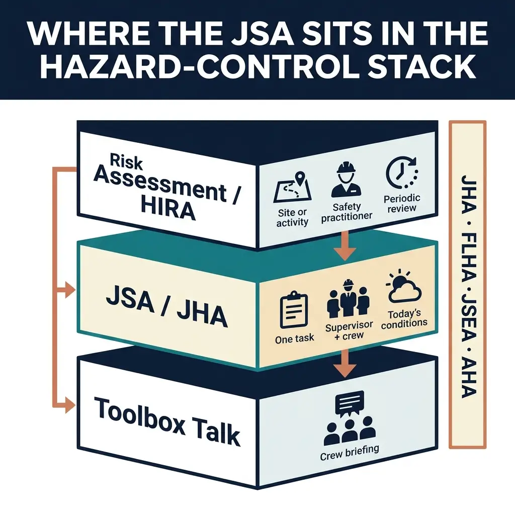 Hierarchical diagram showing the JSA positioned in the hazard-control stack between risk assessment and toolbox talk, with icons representing key safety elements at each level.