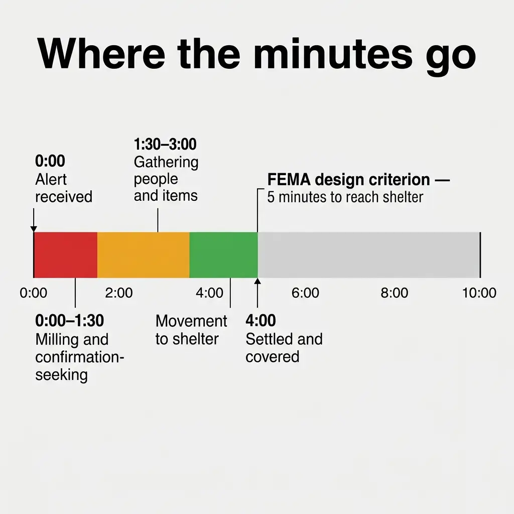 Timeline showing evacuation phases from alert at 0:00 through settlement at 4:00, with FEMA's 5-minute shelter criterion marked, spanning 10 minutes total.