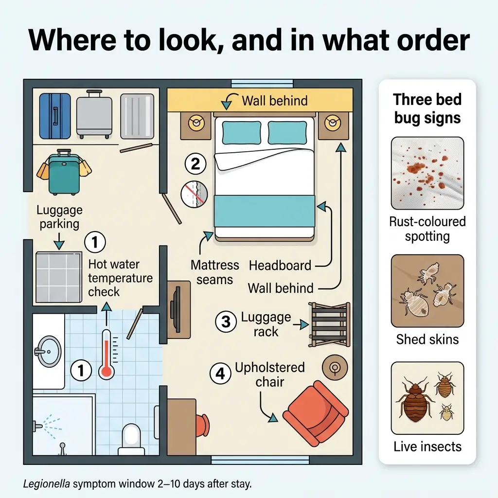 Hotel room inspection guide showing where to check for bed bugs, including mattress seams, headboard, luggage rack, and chair, with visual examples of rust-colored spotting, shed skins, and live insects.
