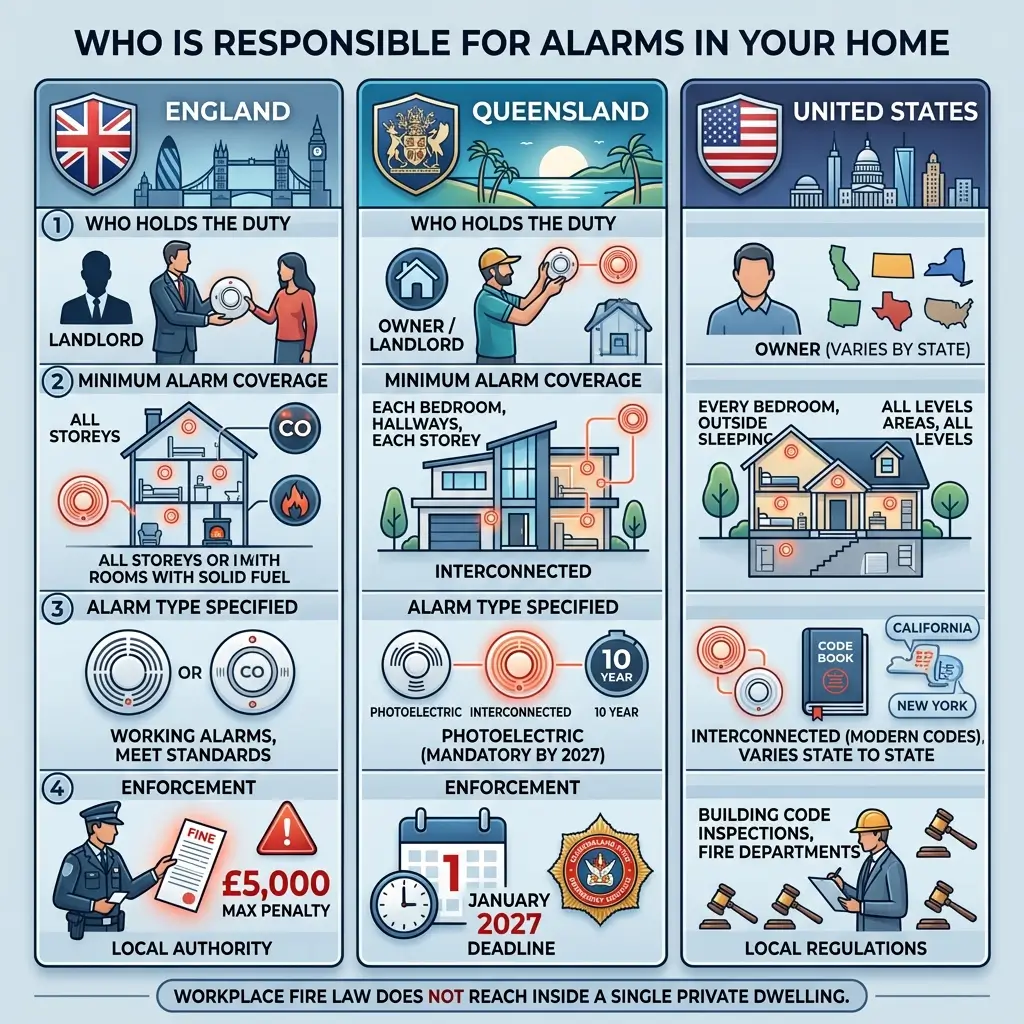 Infographic comparing home alarm system responsibilities and requirements across England, Queensland, and the United States, showing who is responsible, minimum coverage, alarm types, and enforcement penalties.