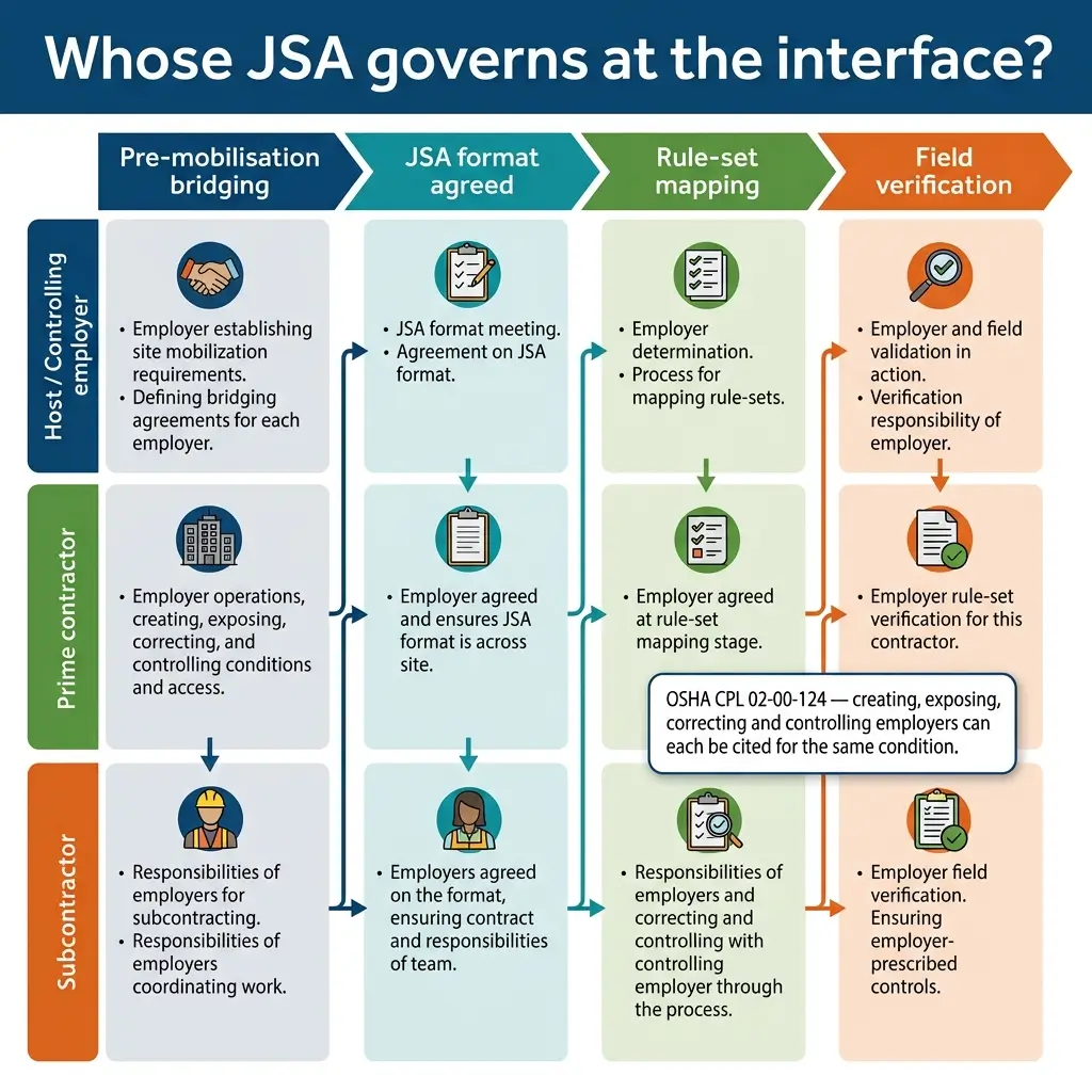 Flowchart showing JSA governance structure across four stages: pre-mobilisation bridging, format agreement, rule-set mapping, and field verification, with roles for host controlling employer, prime contractor, and subcontractor.
