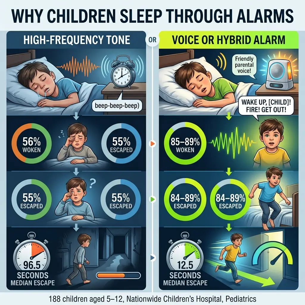 Infographic comparing how children sleep through high-frequency alarm tones versus voice alarms, showing wake-up success rates and escape times from a pediatric study.