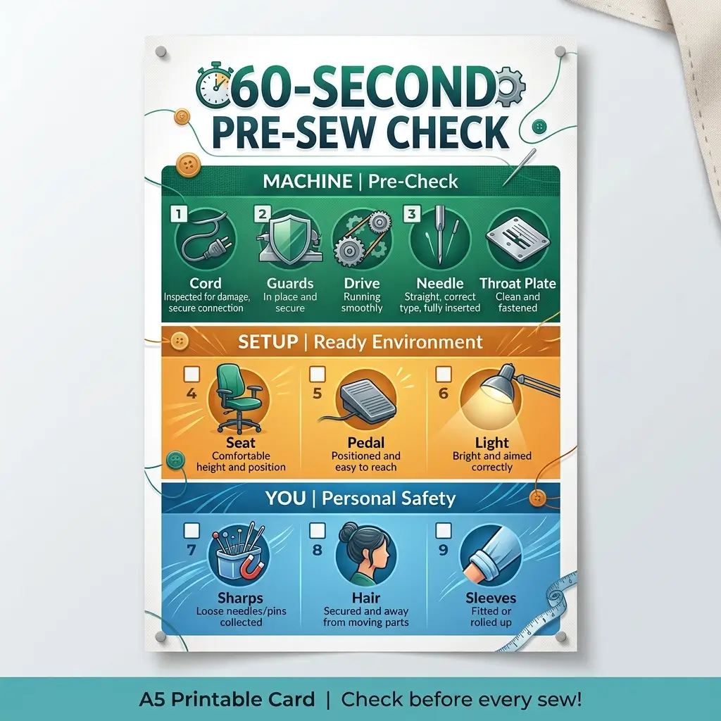 Infographic showing a 60-second pre-sew checklist divided into three sections: machine inspection, setup and environment, and personal safety precautions before sewing.
