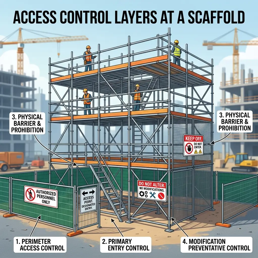 Illustration of a construction scaffold showing four access control security layers: perimeter fencing, designated entry point, physical barriers with warning signs, and modification prevention measures to restrict unauthorized personnel.