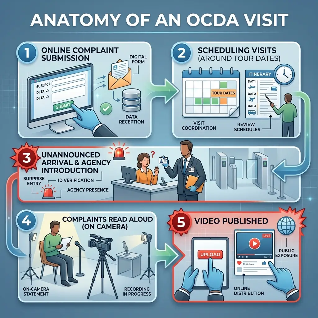 Infographic showing five steps of an OCDA visit process: online complaint submission, scheduling visits around tour dates, unannounced agency introduction, complaints read aloud on camera, and video published for public exposure.
