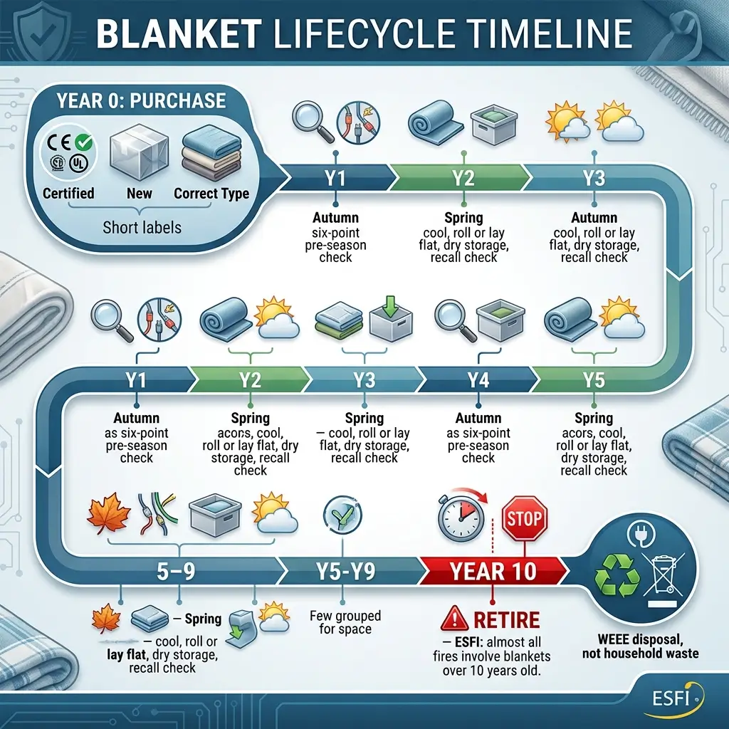 Timeline showing blanket lifecycle from purchase through year 10 retirement, including seasonal storage checks, maintenance schedules, and WEEE disposal instructions for end-of-life recycling.