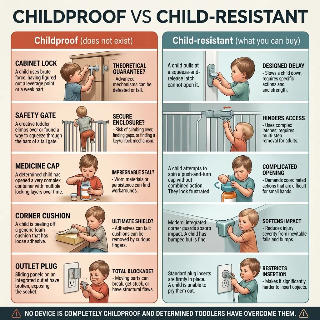 Infographic comparing childproof and child-resistant safety devices, showing six examples of each with illustrations of toddlers interacting with cabinet locks, gates, medicine caps, corner cushions, and outlet plugs.