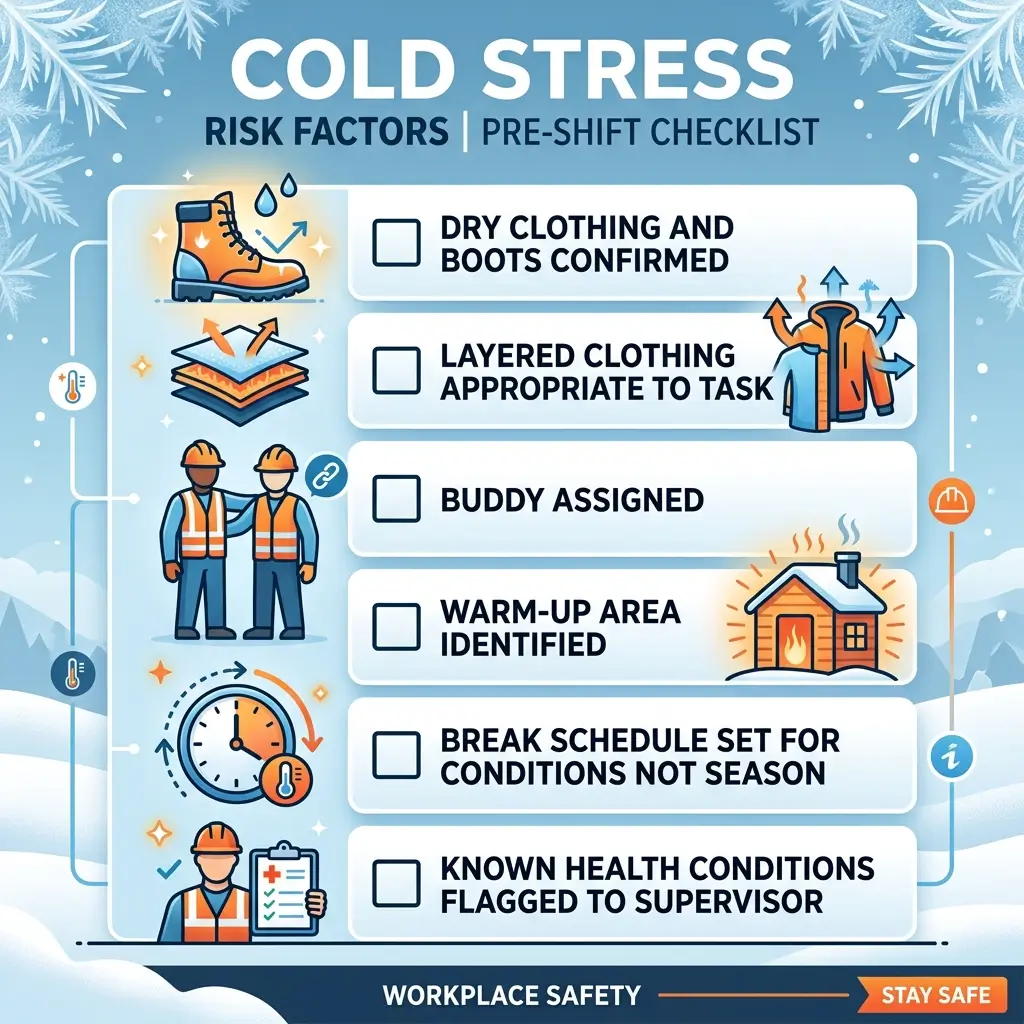 Cold Stress Risk Factors Pre-Shift Checklist displaying six safety items including clothing confirmation, layering, buddy assignment, warm-up area, break schedule, and health condition reporting for workplace winter safety.