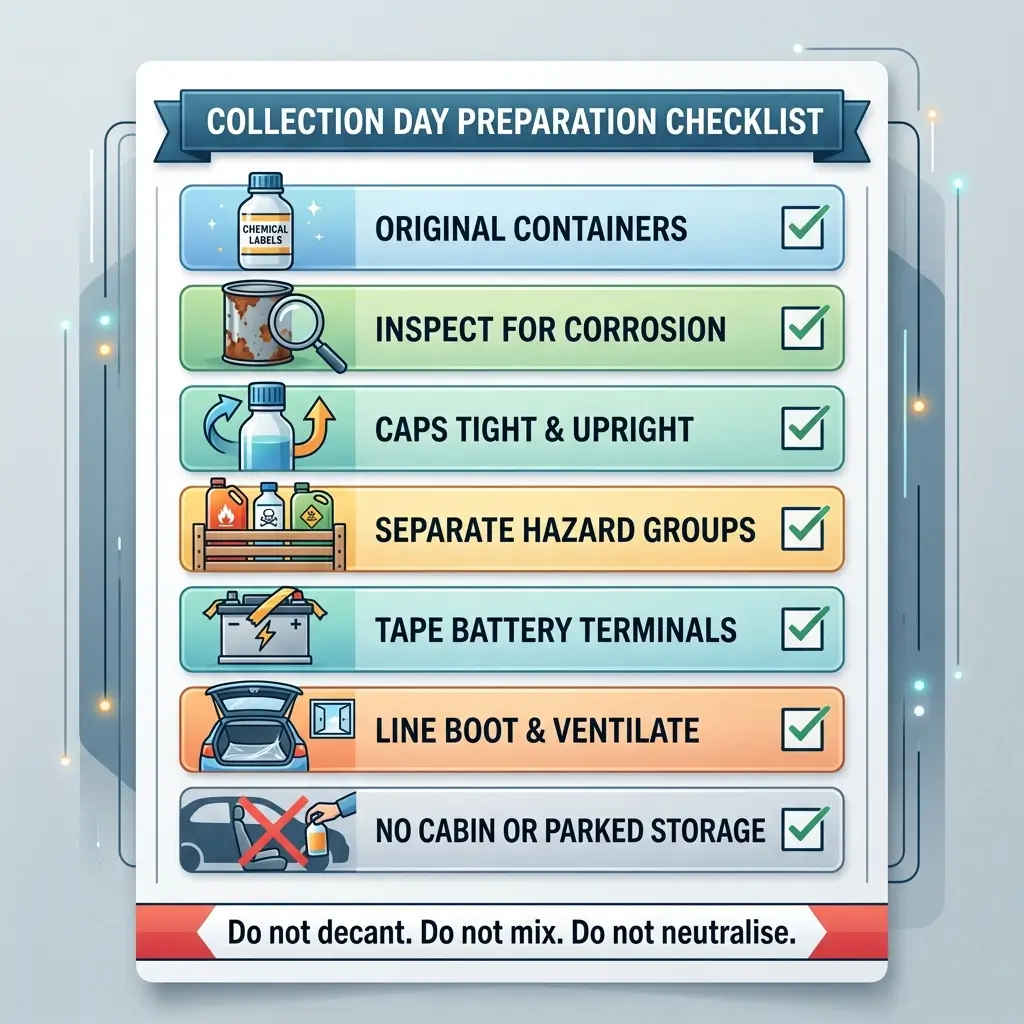 Collection Day Preparation Checklist displaying seven safety requirements for hazardous waste: original containers, corrosion inspection, tight caps, hazard separation, taped battery terminals, ventilation, and no storage in vehicles, with warning about not decanting, mixing, or neutralizing.