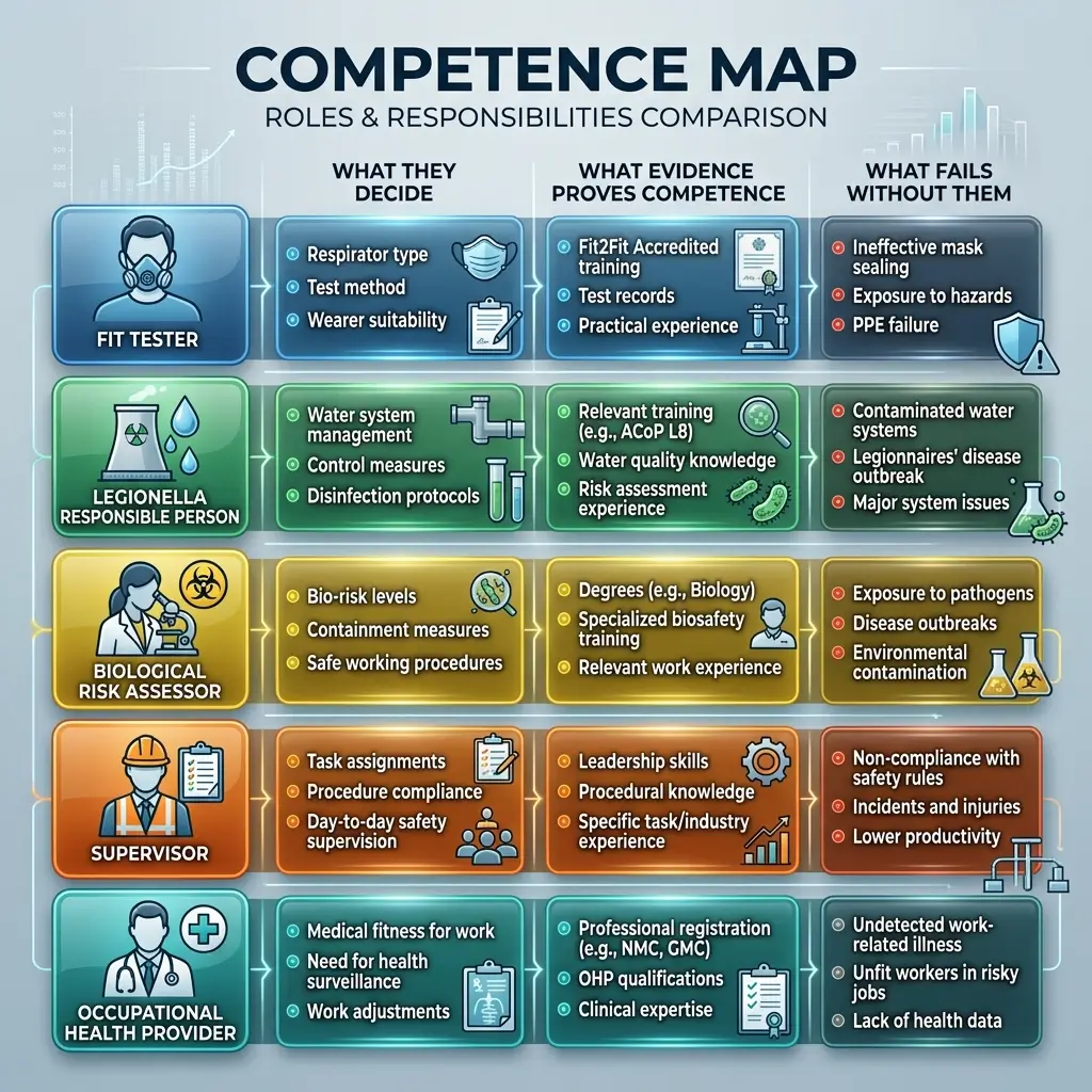 Competence map comparing five workplace roles—Fit Tester, Legionella Responsible Person, Biological Risk Assessor, Supervisor, and Occupational Health Provider—showing their decisions, competence evidence, and consequences of failure.