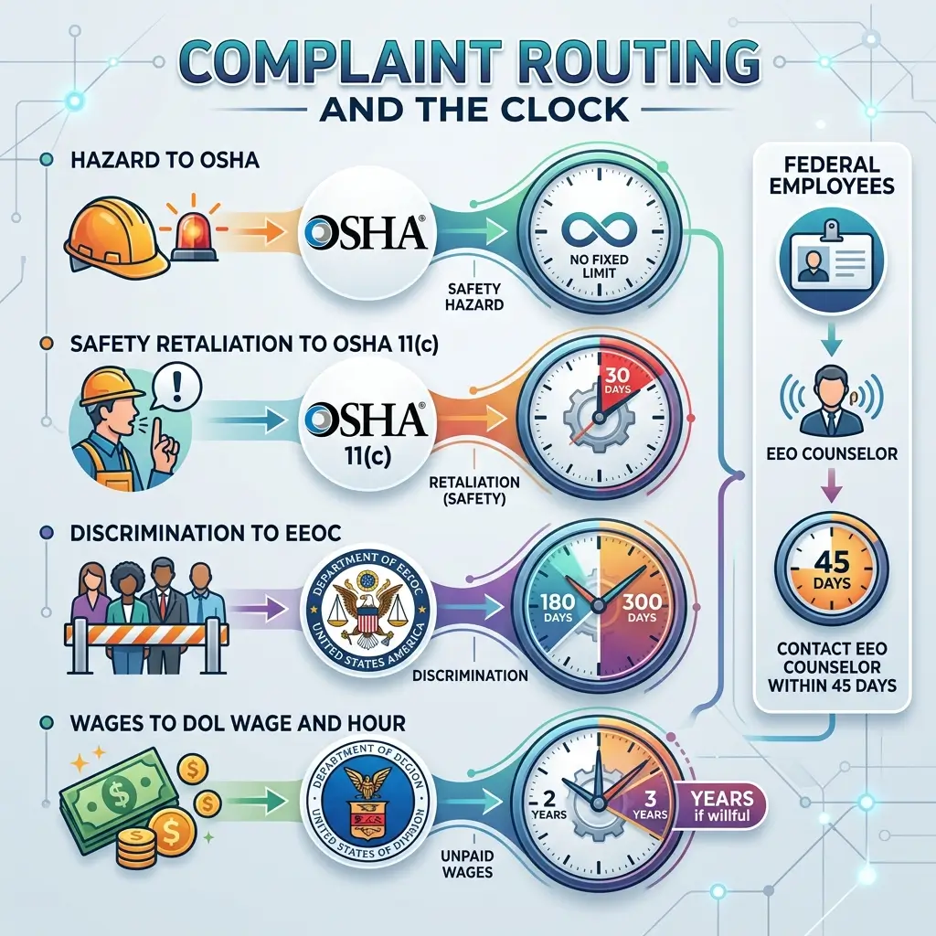 Infographic showing complaint routing timelines for federal employees, depicting four types of complaints to OSHA, EEOC, and DOL with associated processing timeframes ranging from 30 days to 3 years.